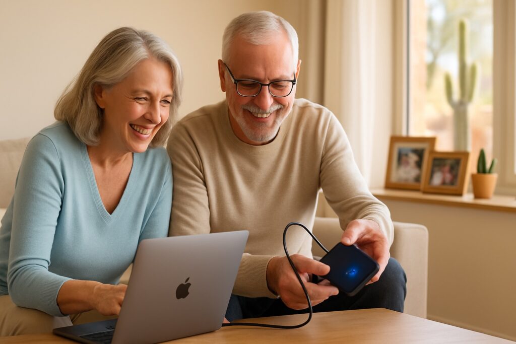 Senior couple in an Arizona living room smiling as they connect an external SSD to a MacBook to complete a backup.