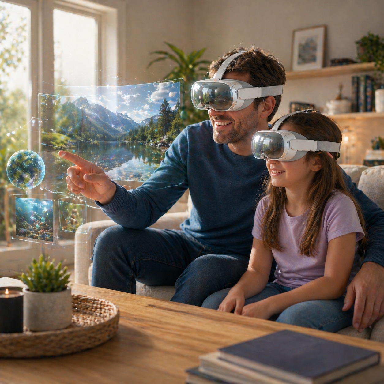 Family using a lightweight mixed reality headset in a living room