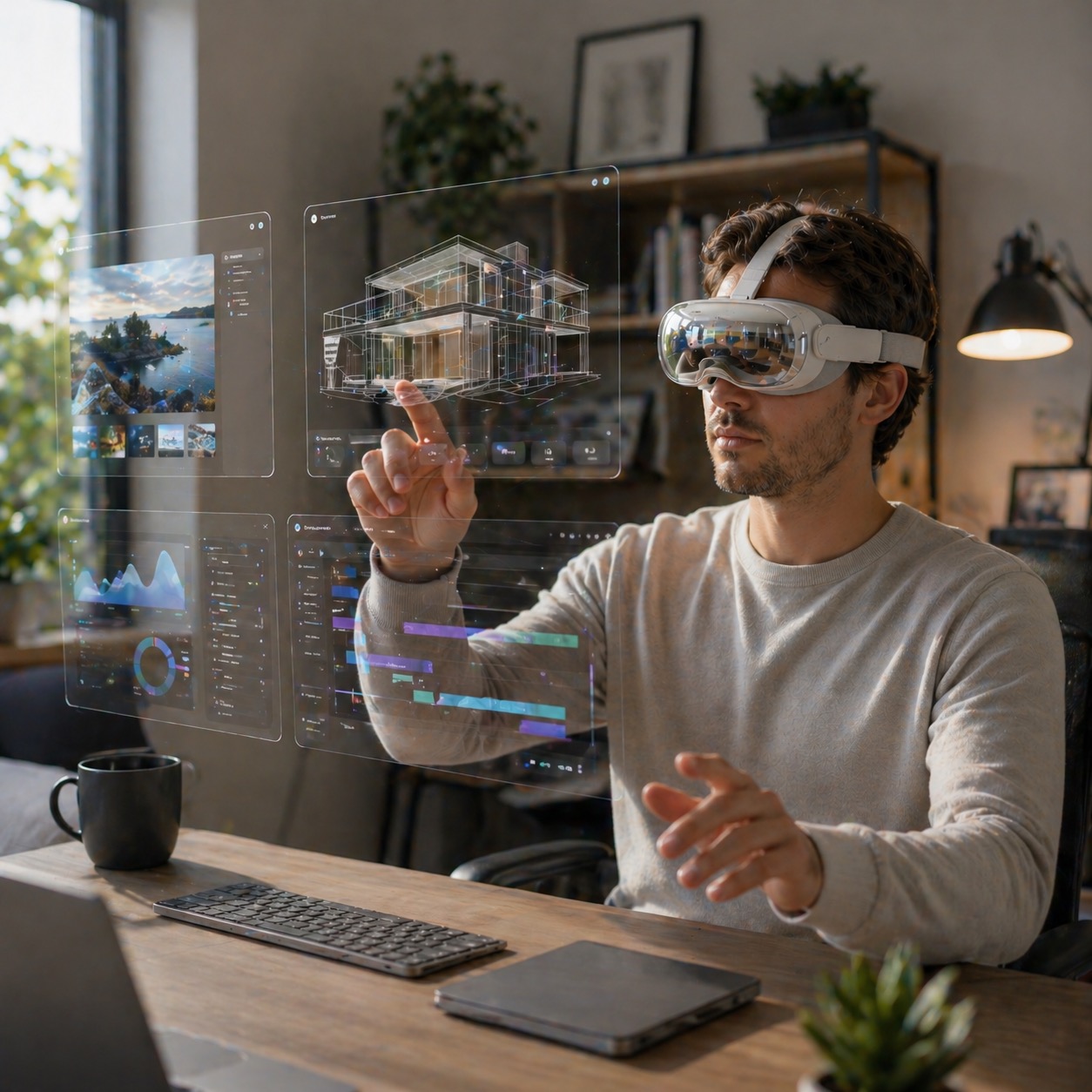 Person using a lightweight mixed reality headset with floating work screens in a home office