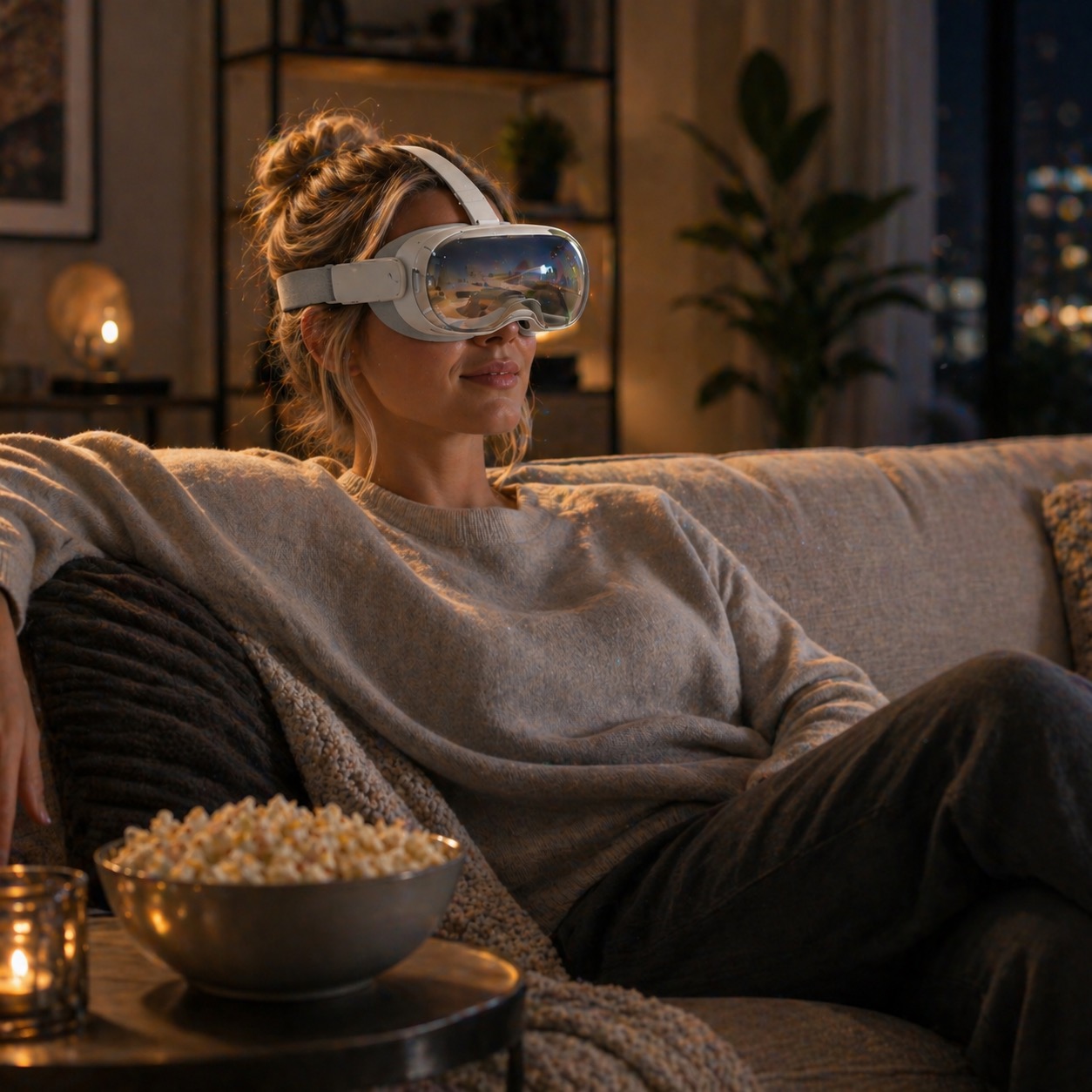 Person relaxing on a couch using a lightweight mixed reality headset for a movie experience