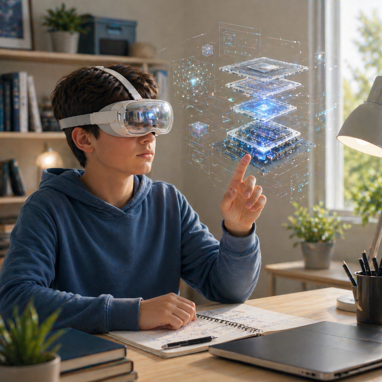 Student using a lightweight mixed reality headset for learning at a desk