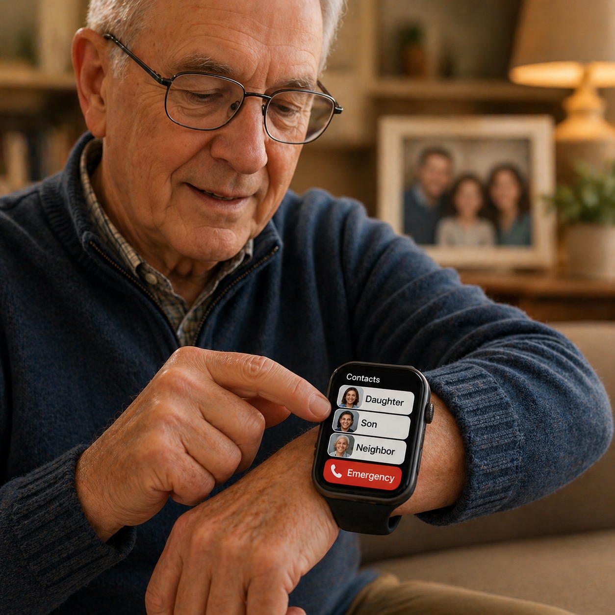 Concept image of an older adult using a senior-friendly smartwatch emergency contact screen