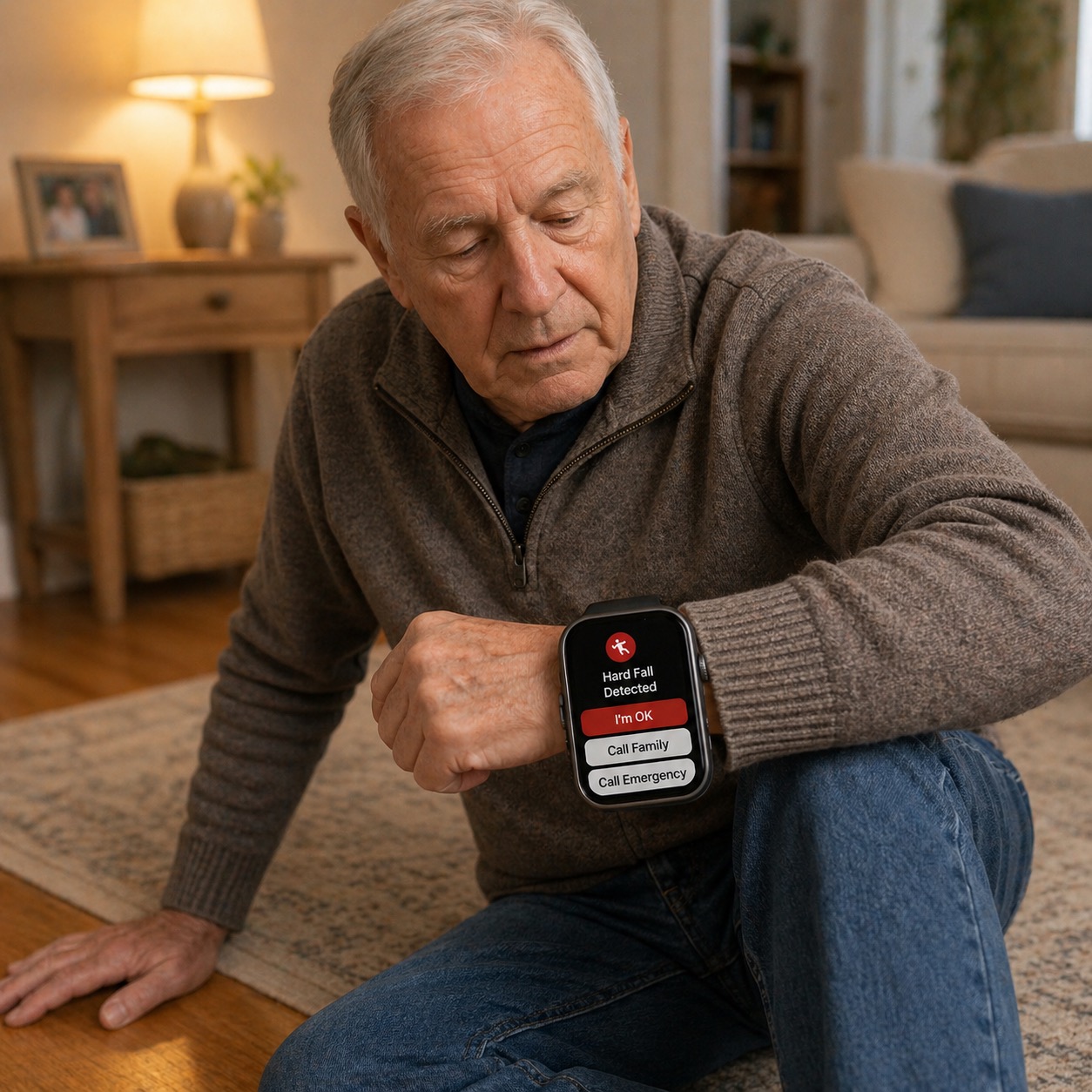 Concept image of a smartwatch showing a fall detection emergency alert for older adults