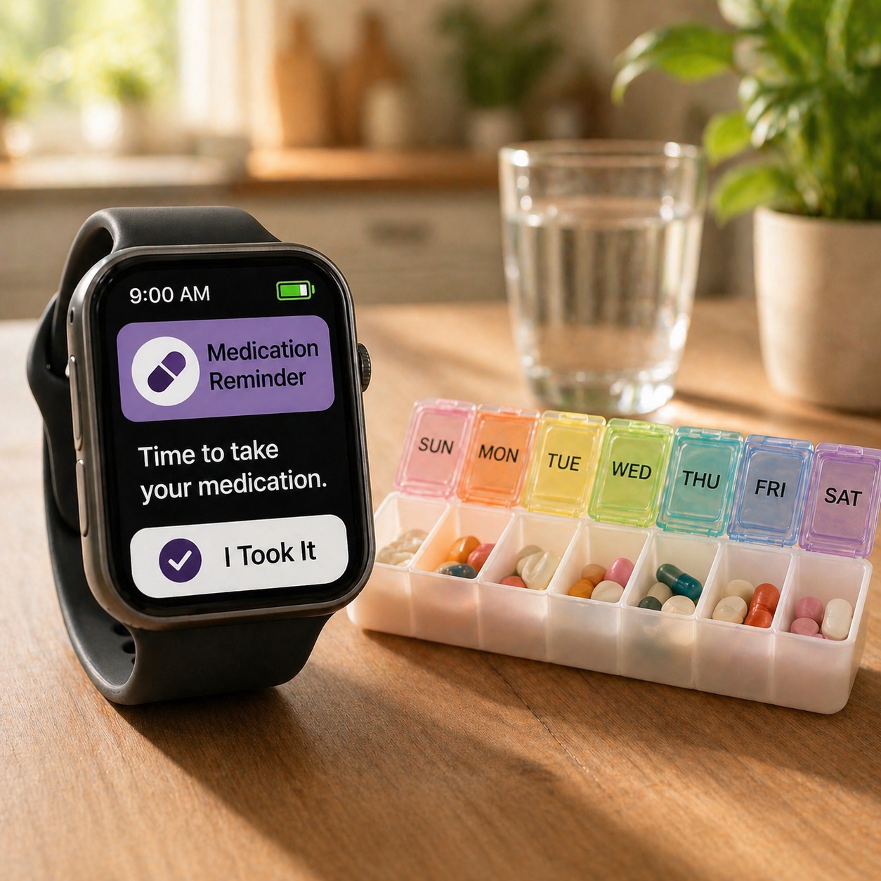 Concept image of a senior-friendly smartwatch showing a medication reminder