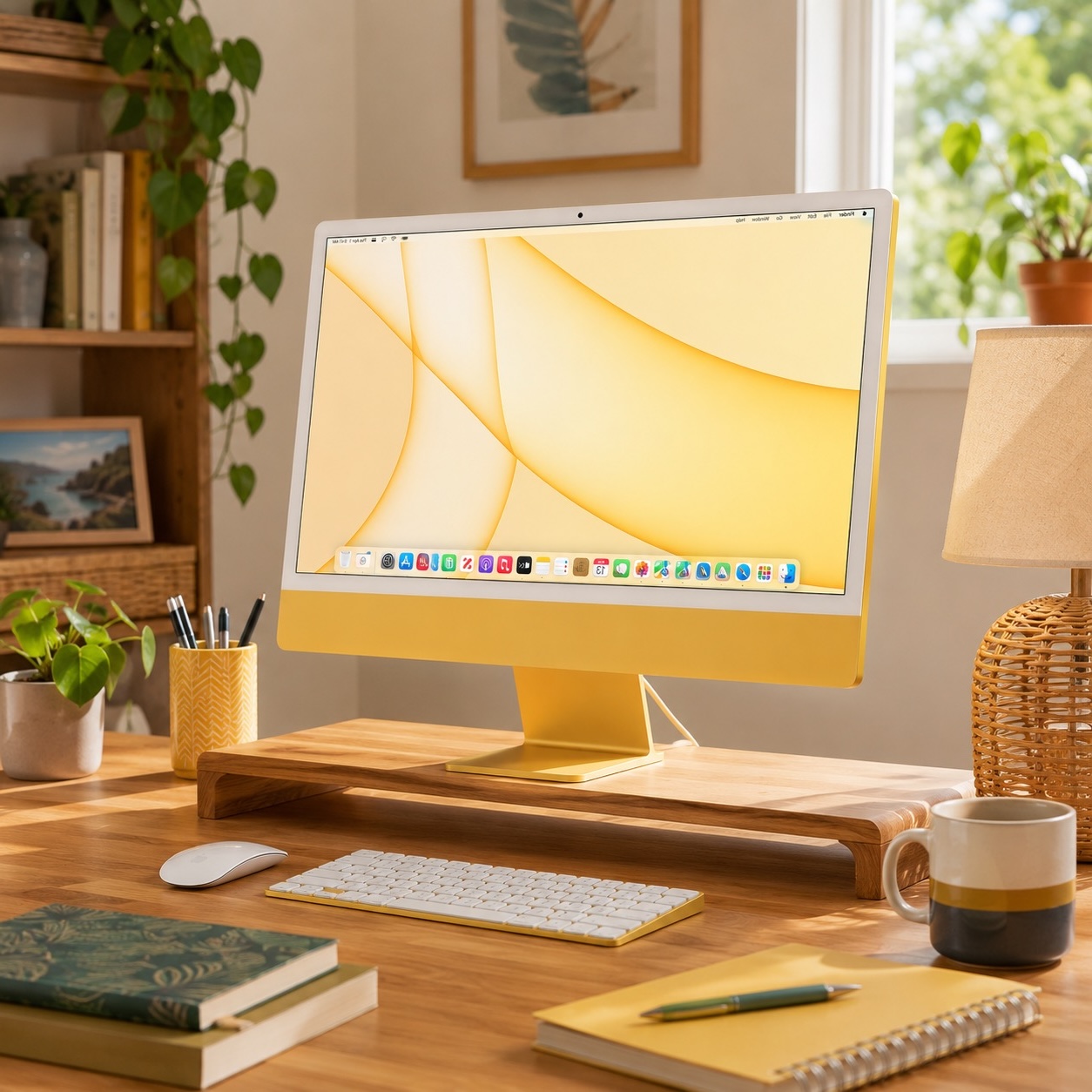 24-inch iMac on a clean home office desk with glasses, keyboard, and mouse