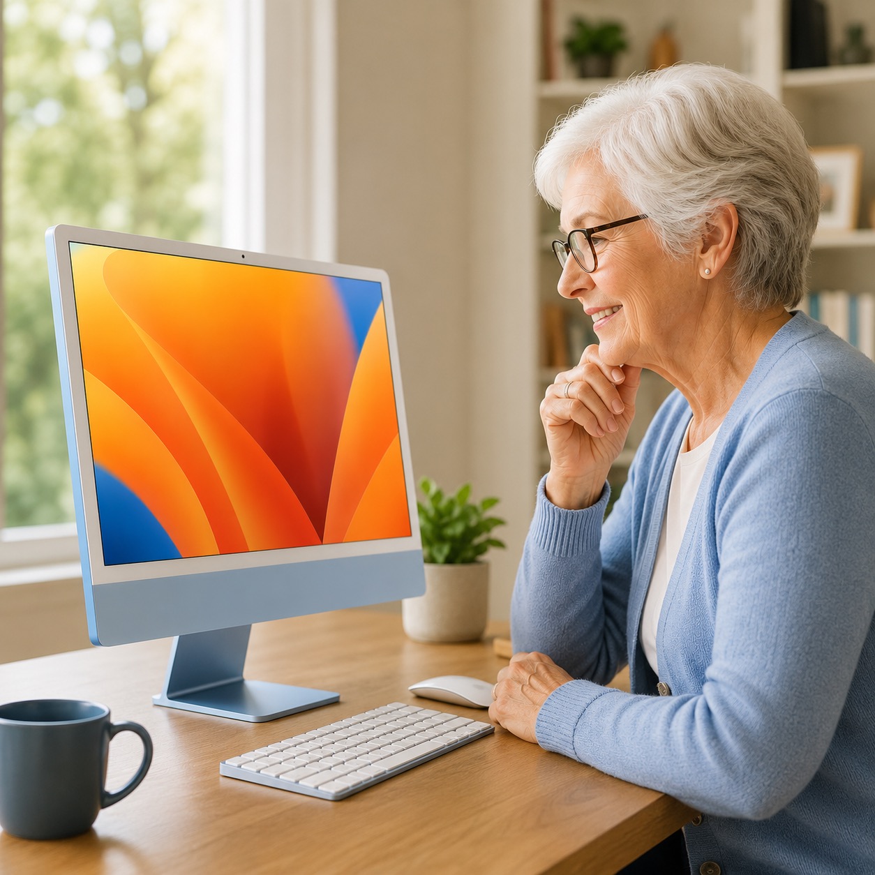 Senior woman using a 24-inch iMac in a bright home office