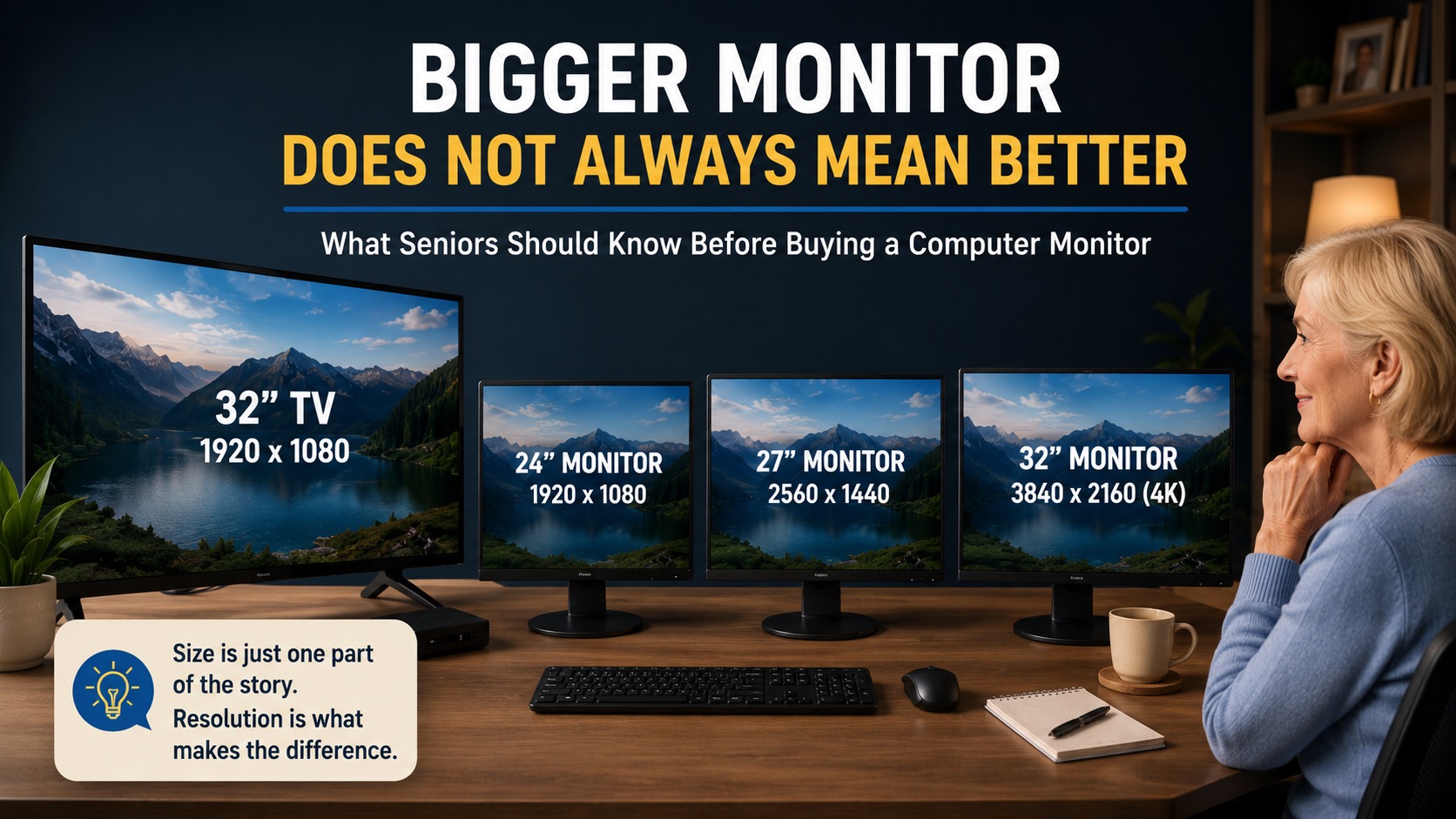 Large computer monitor on a clean desk for seniors