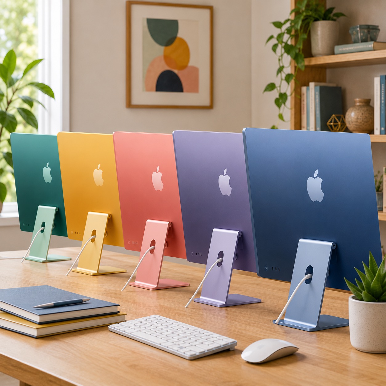 Different colored 24-inch iMac computers arranged on a clean desk