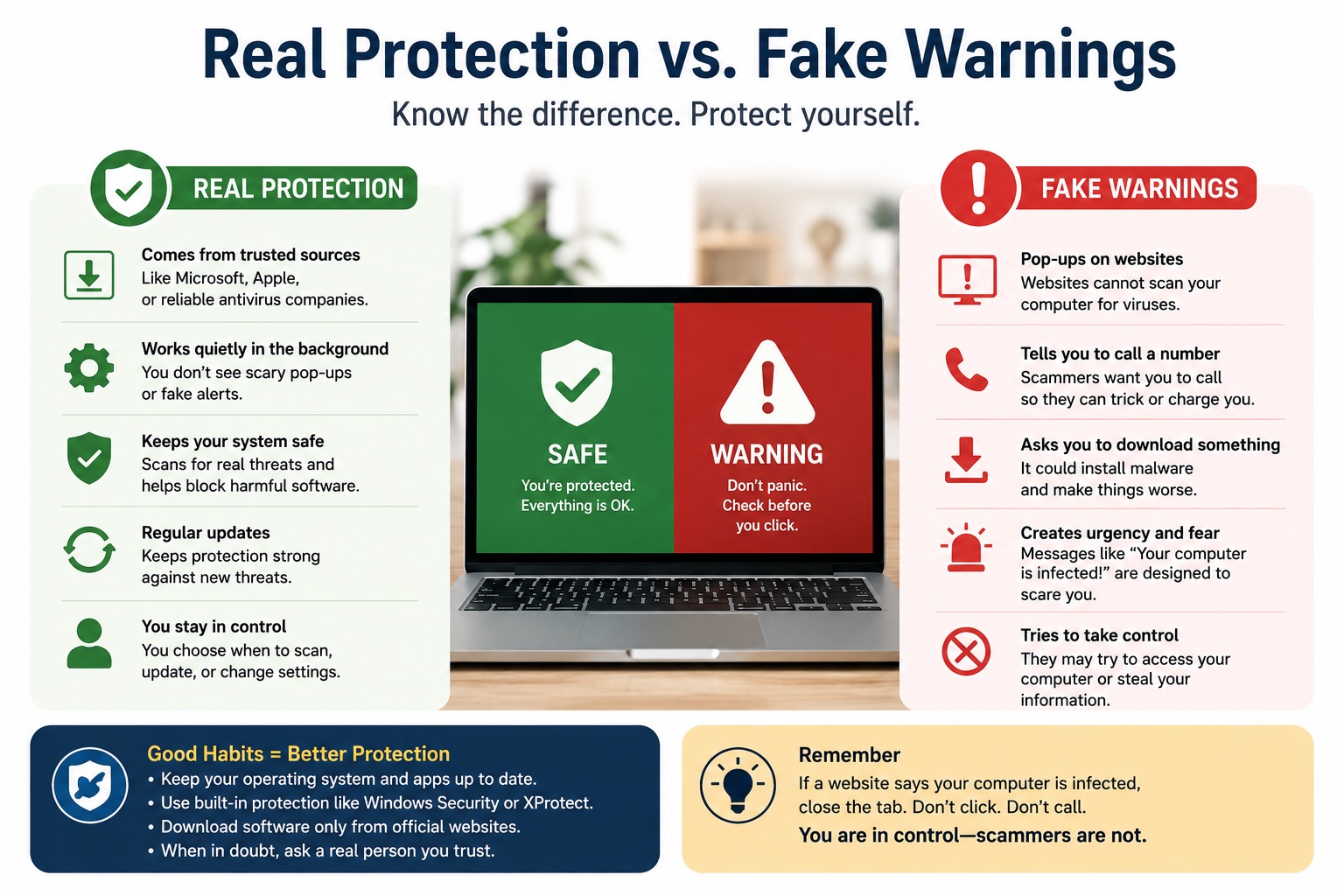 Real protection versus fake virus warning comparison