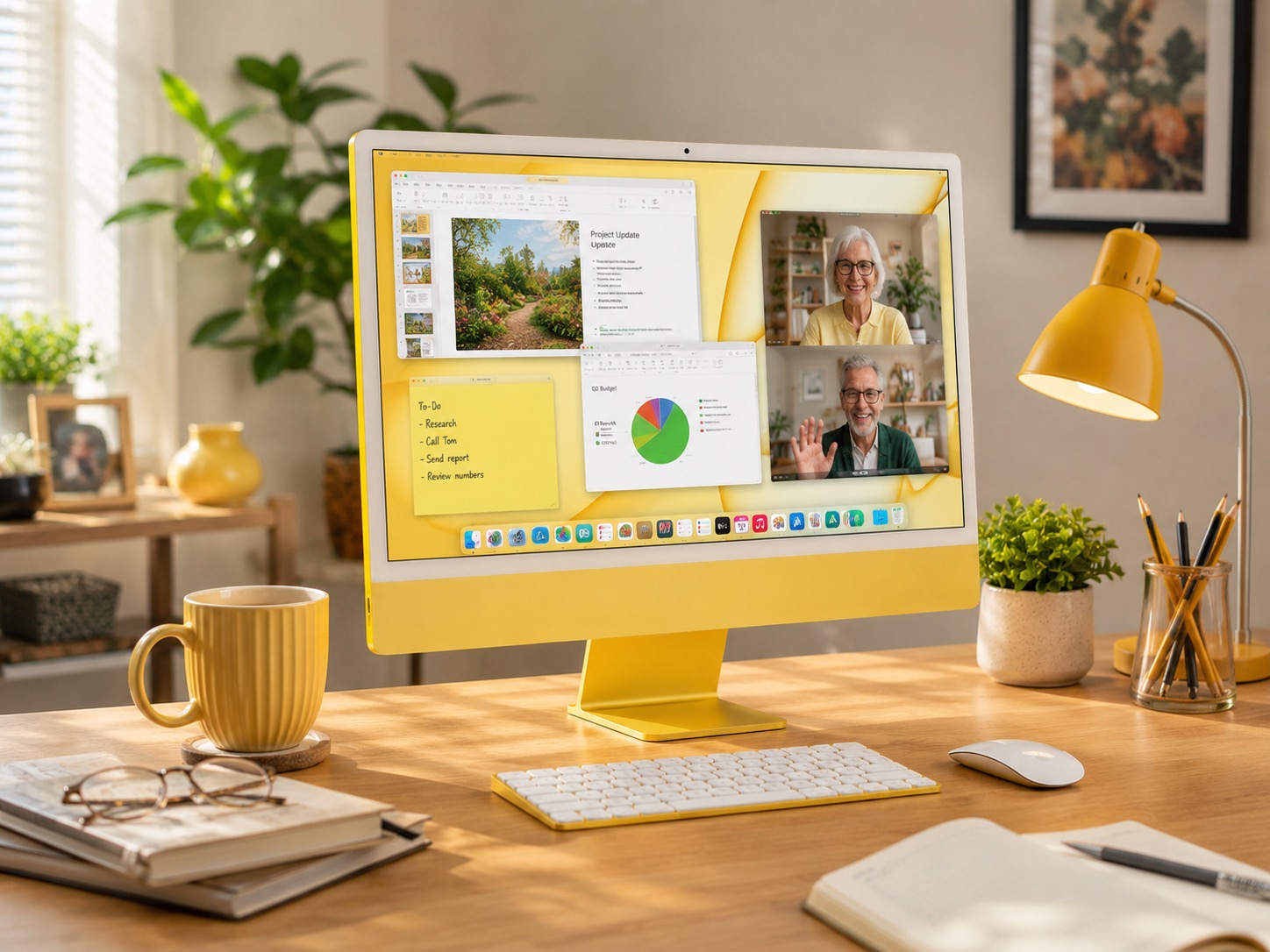 Yellow 24-inch iMac showing everyday apps and video call features