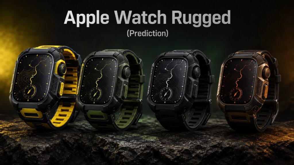Apple Watch Rugged prediction in black and yellow, forest green, black, and mystery bronze
