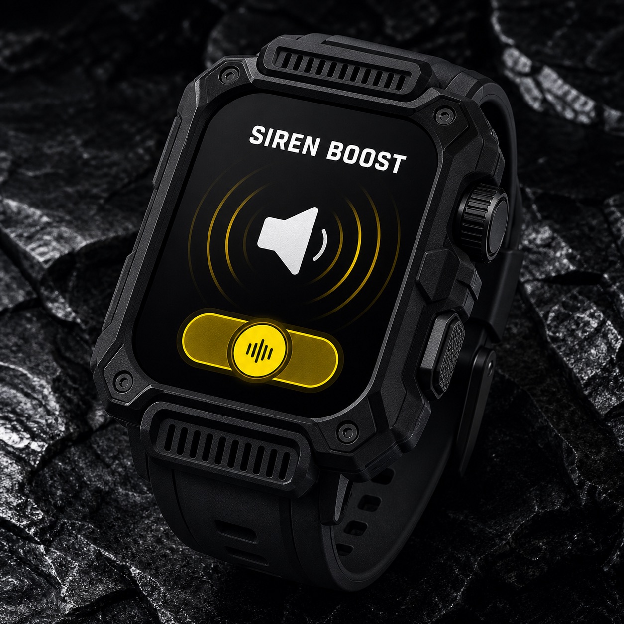 All-black Apple Watch Rugged prediction showing a louder emergency siren