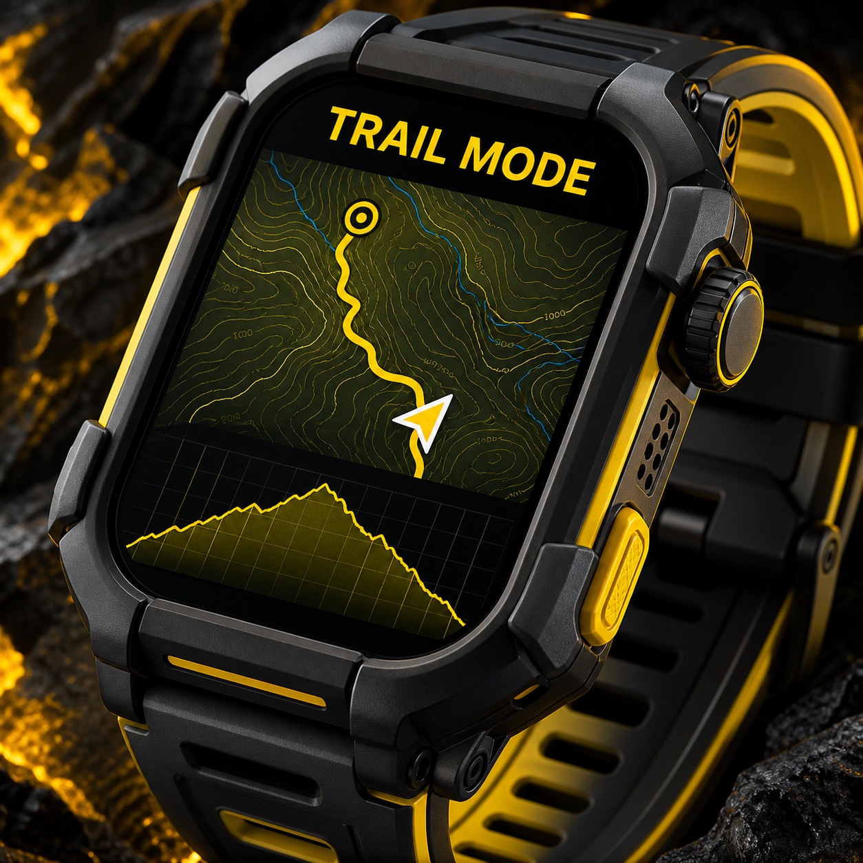 Black and yellow Apple Watch Rugged prediction showing Trail Mode