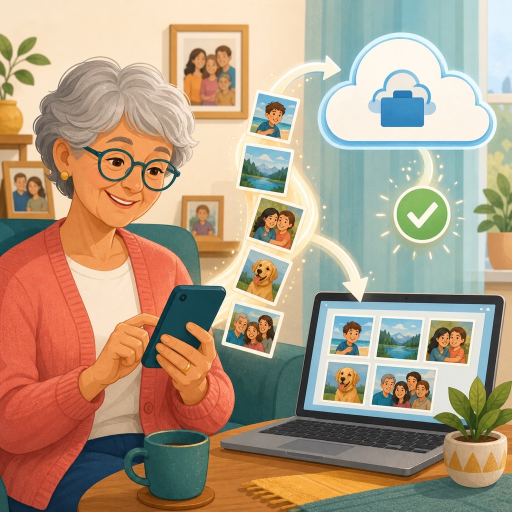 An older adult backing up phone photos to a cloud service and laptop