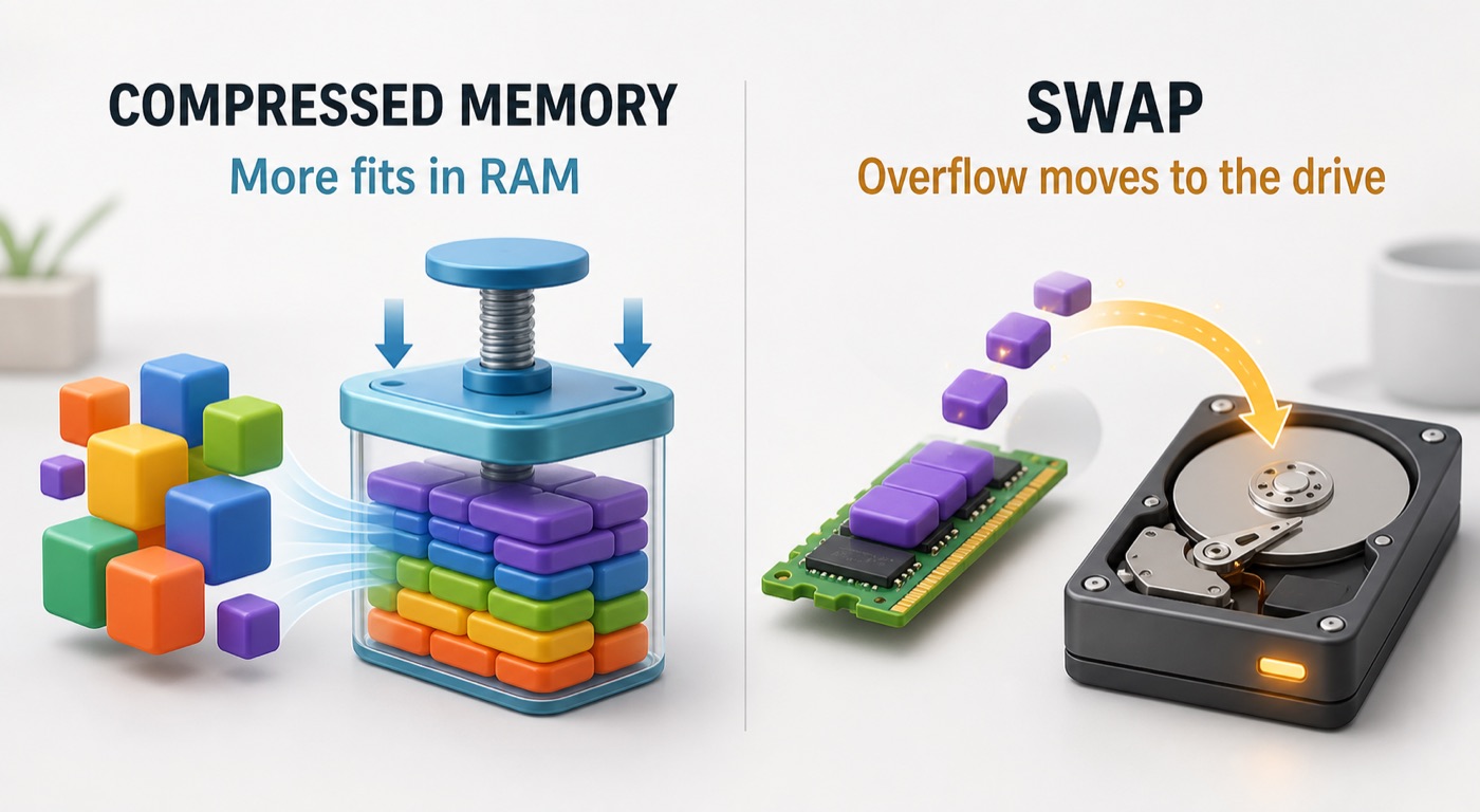 Illustration explaining that compressed memory fits more data in RAM while swap moves overflow data to the drive