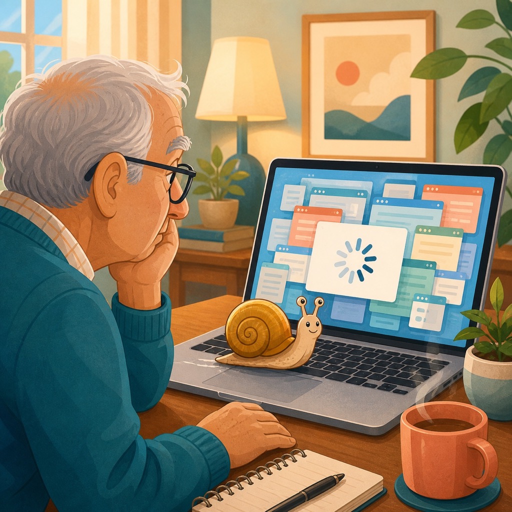 An older adult waiting for a slow laptop crowded with open windows and a cartoon snail