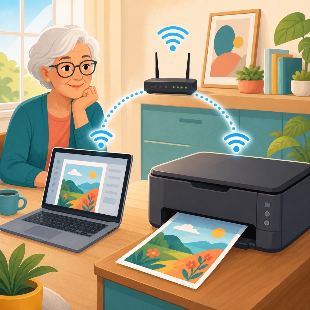An older adult connecting a laptop and wireless printer to the same Wi-Fi router