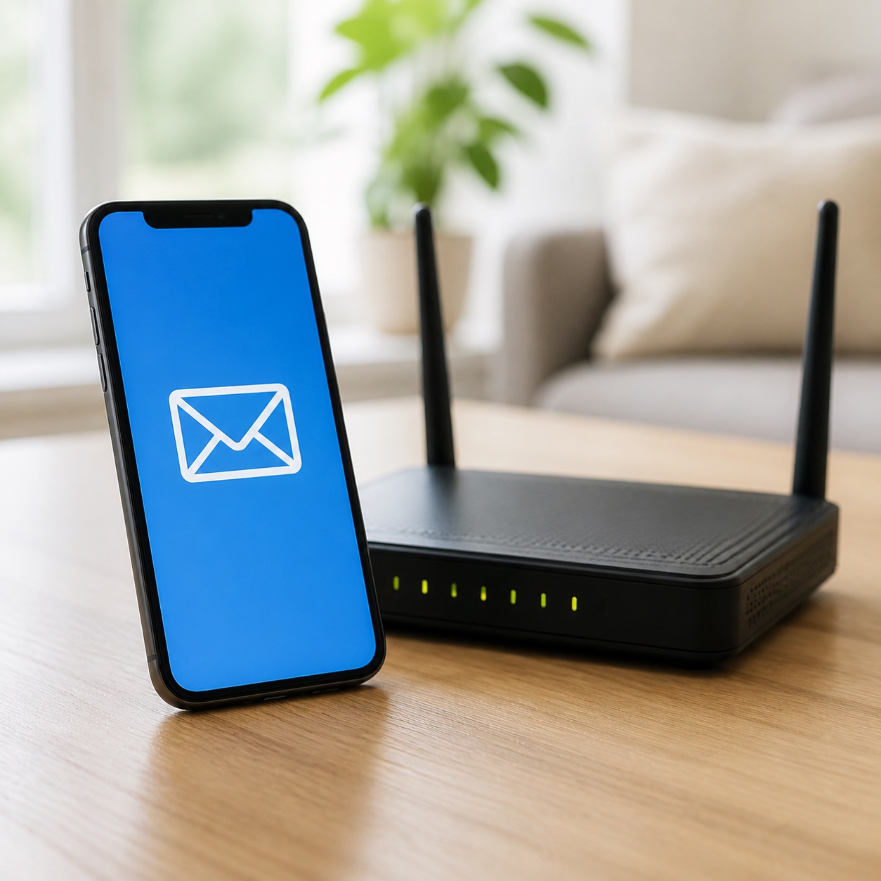 Phone and Wi-Fi router illustrating an email connection check