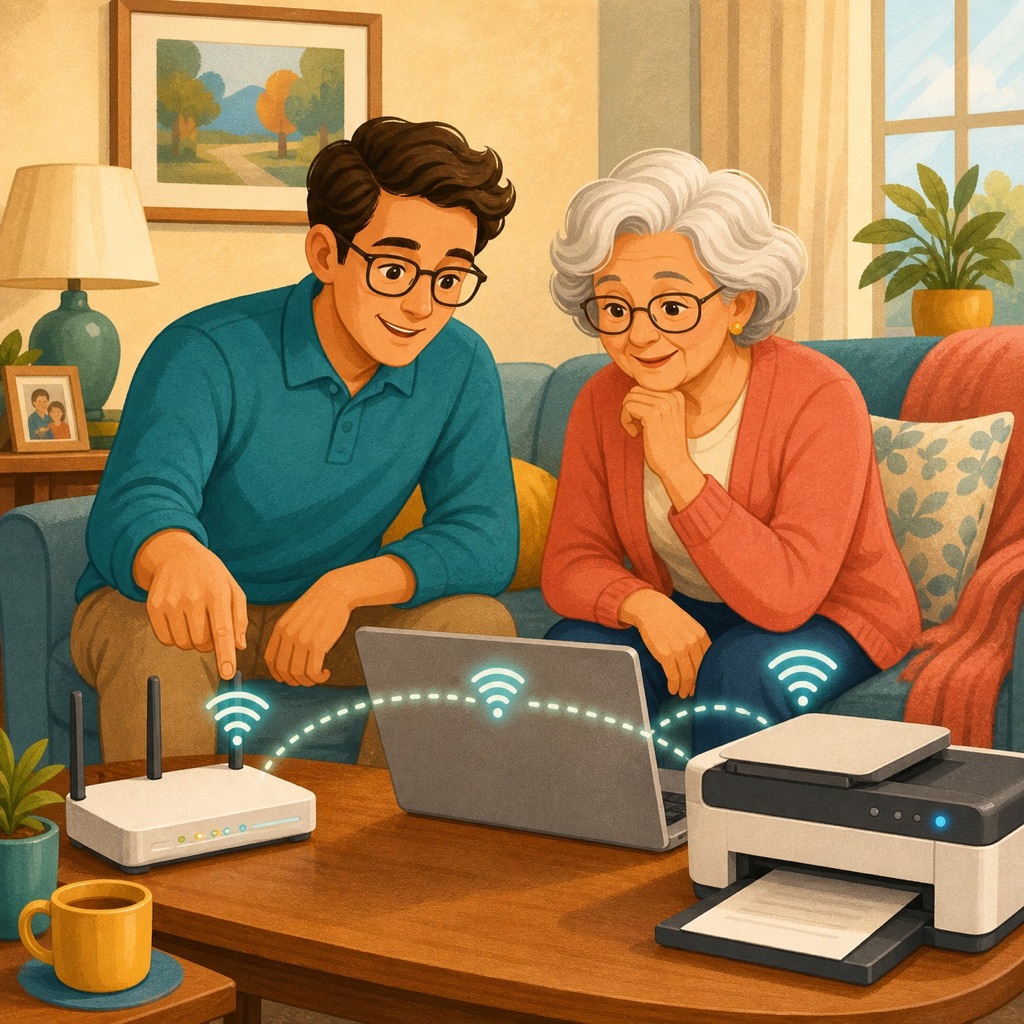 A technology specialist and older adult testing a laptop, Wi-Fi router, and printer together in the customer’s home