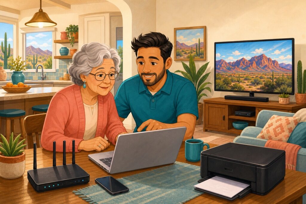 A technology specialist helping an older adult with a laptop, Wi-Fi router, printer, phone, and television in her home