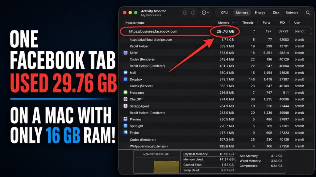 Activity Monitor showing one Facebook Business tab using 29.76 GB of memory on a Mac with 16 GB RAM