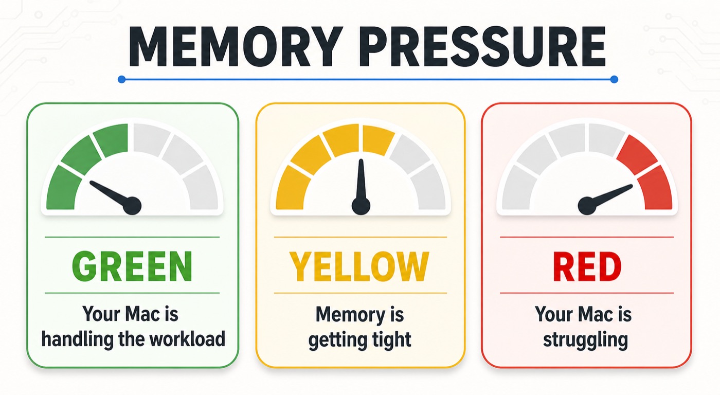 Mac memory pressure guide showing green as comfortable, yellow as tight, and red as struggling