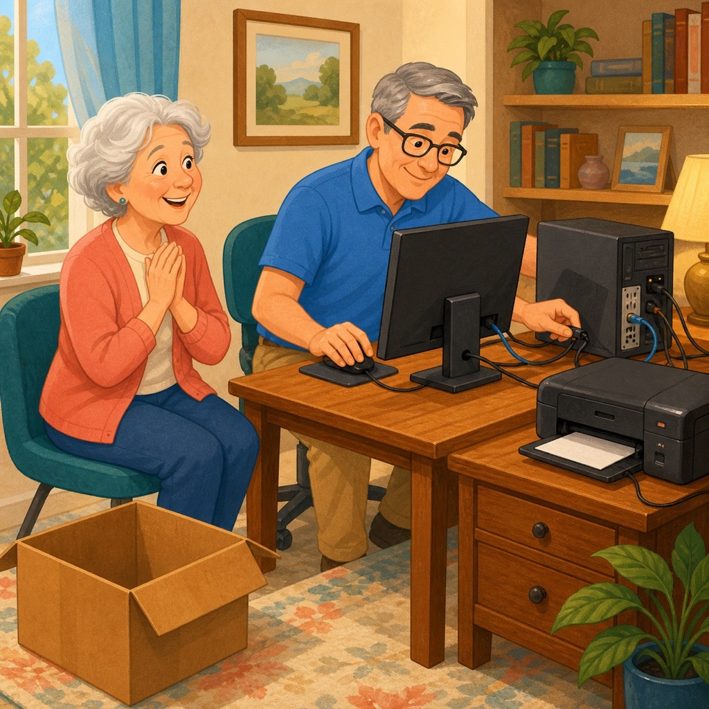 An older adult watching a technology specialist repair a desktop computer and printer without packing them for a store
