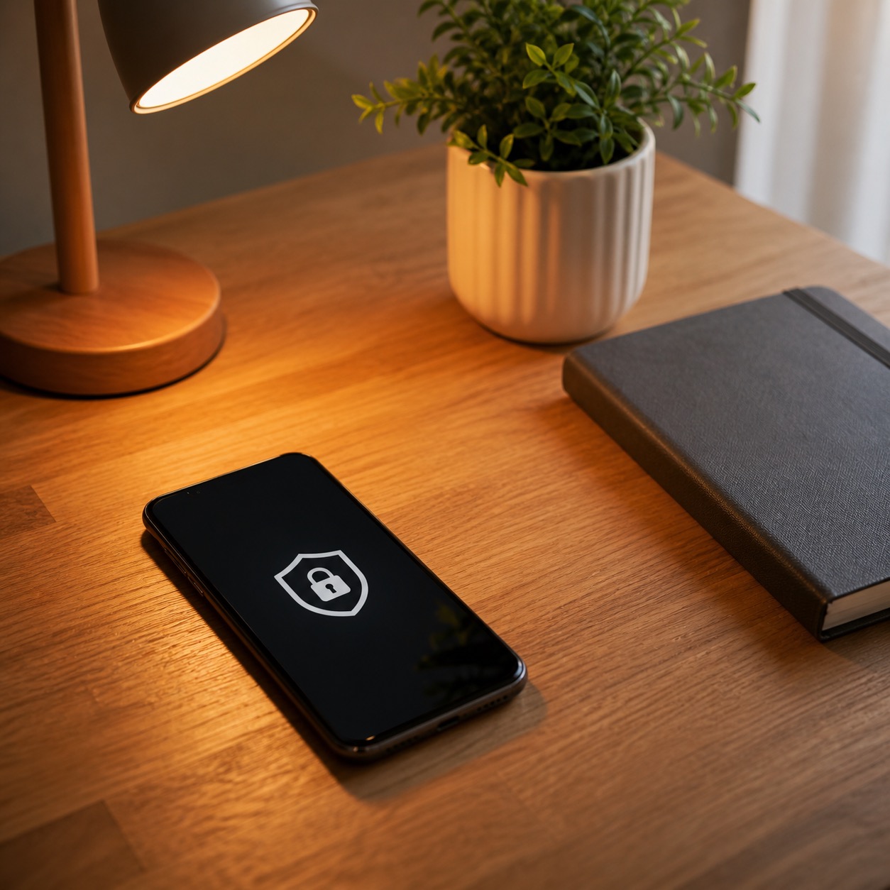 Locked smartphone and tidy desk illustrating safer password habits