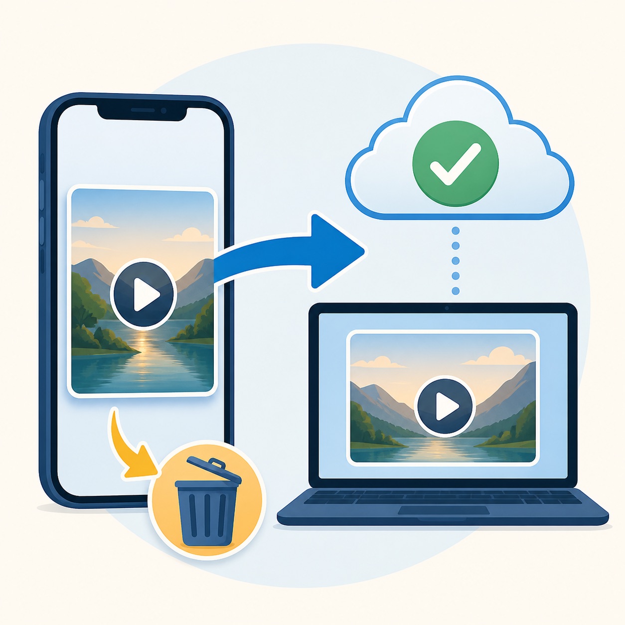A video being copied from a phone to a laptop and cloud before the phone copy is deleted