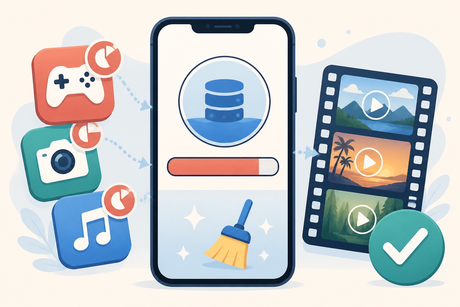 A nearly full smartphone storage meter beside large app icons and a strip of videos