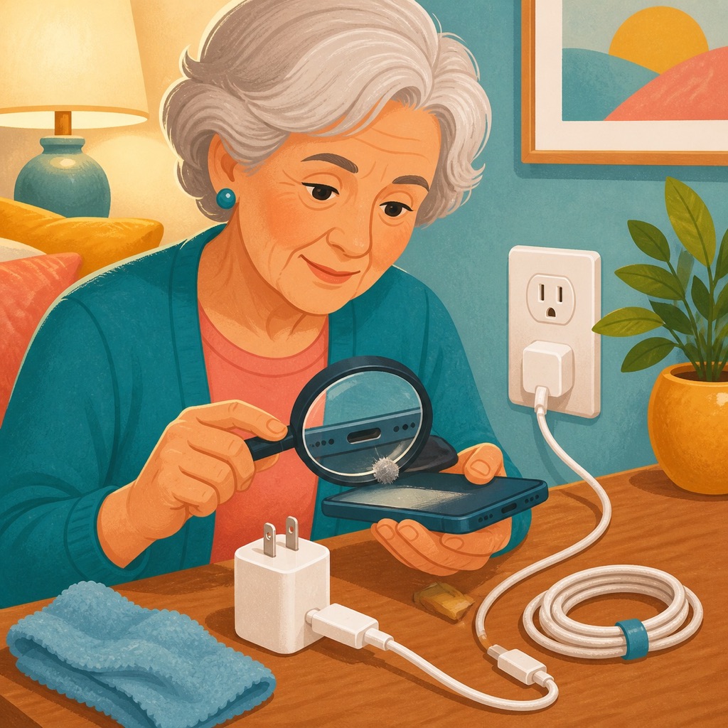 An older adult safely checking a phone charging port, cable, adapter, and outlet