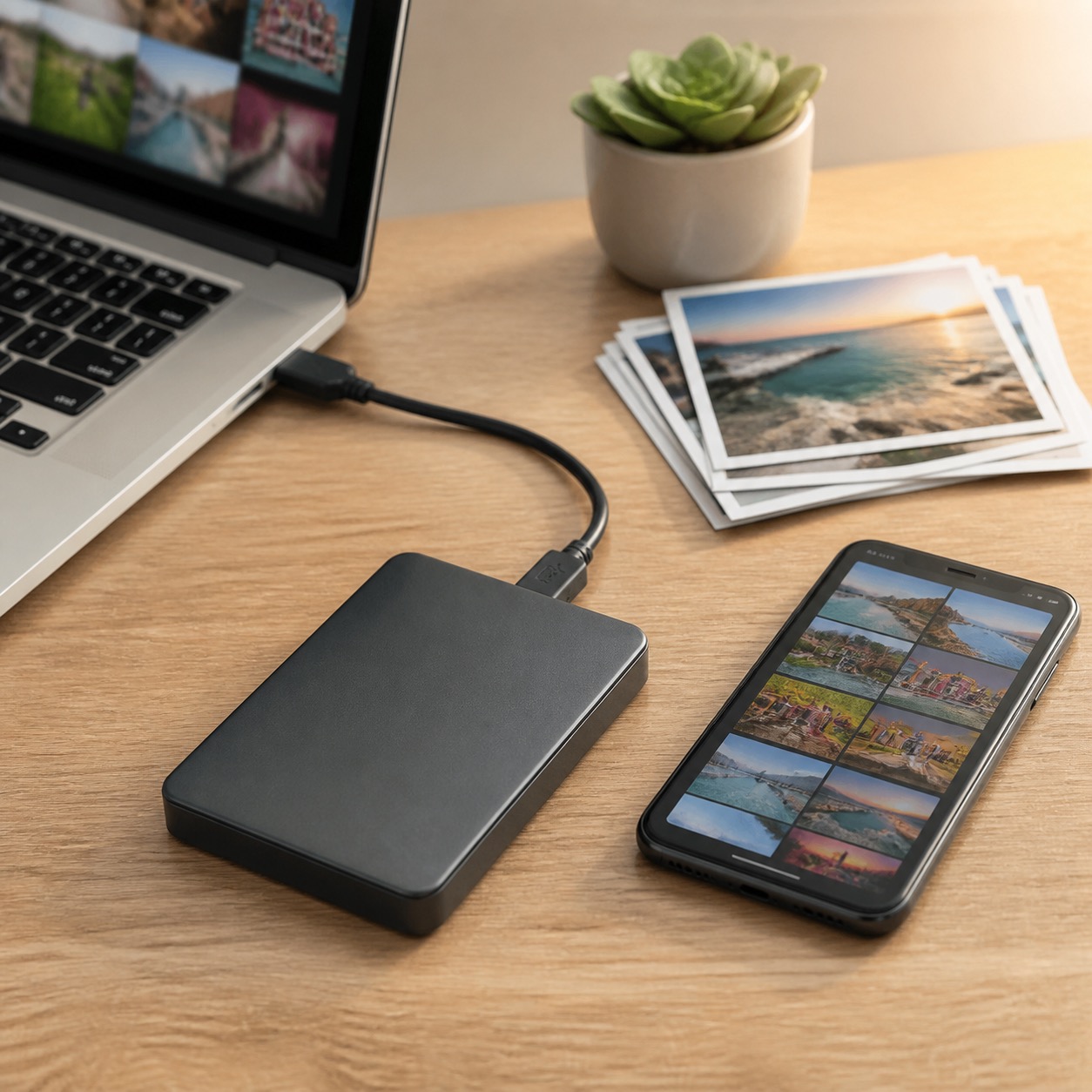 External drive and devices illustrating an extra photo backup copy