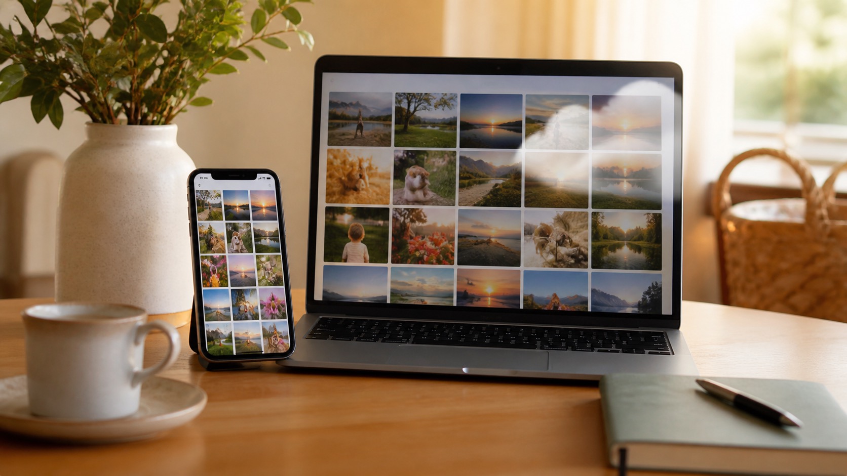 Phone and laptop showing a personal photo library