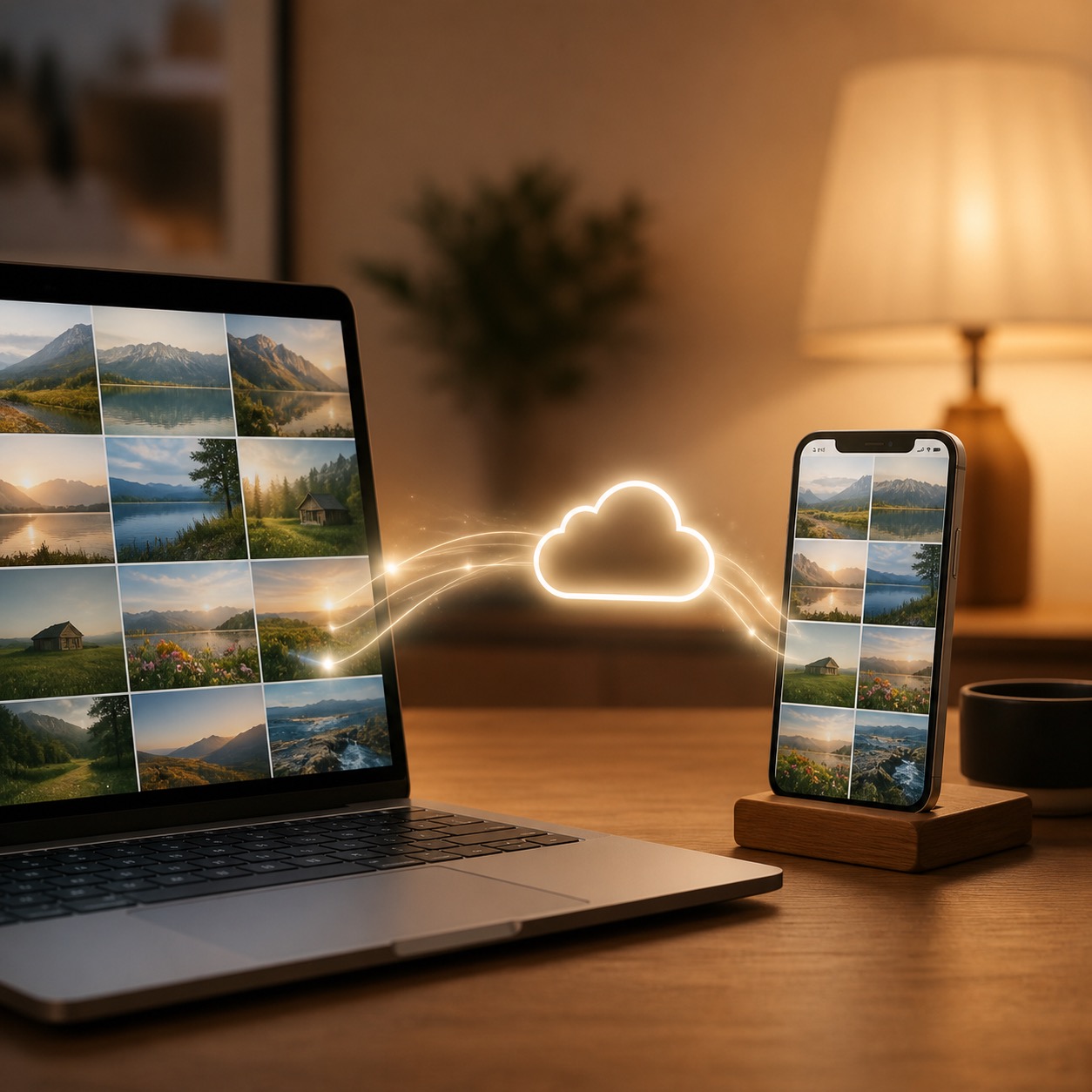 Phone and laptop illustrating iCloud Photos sync