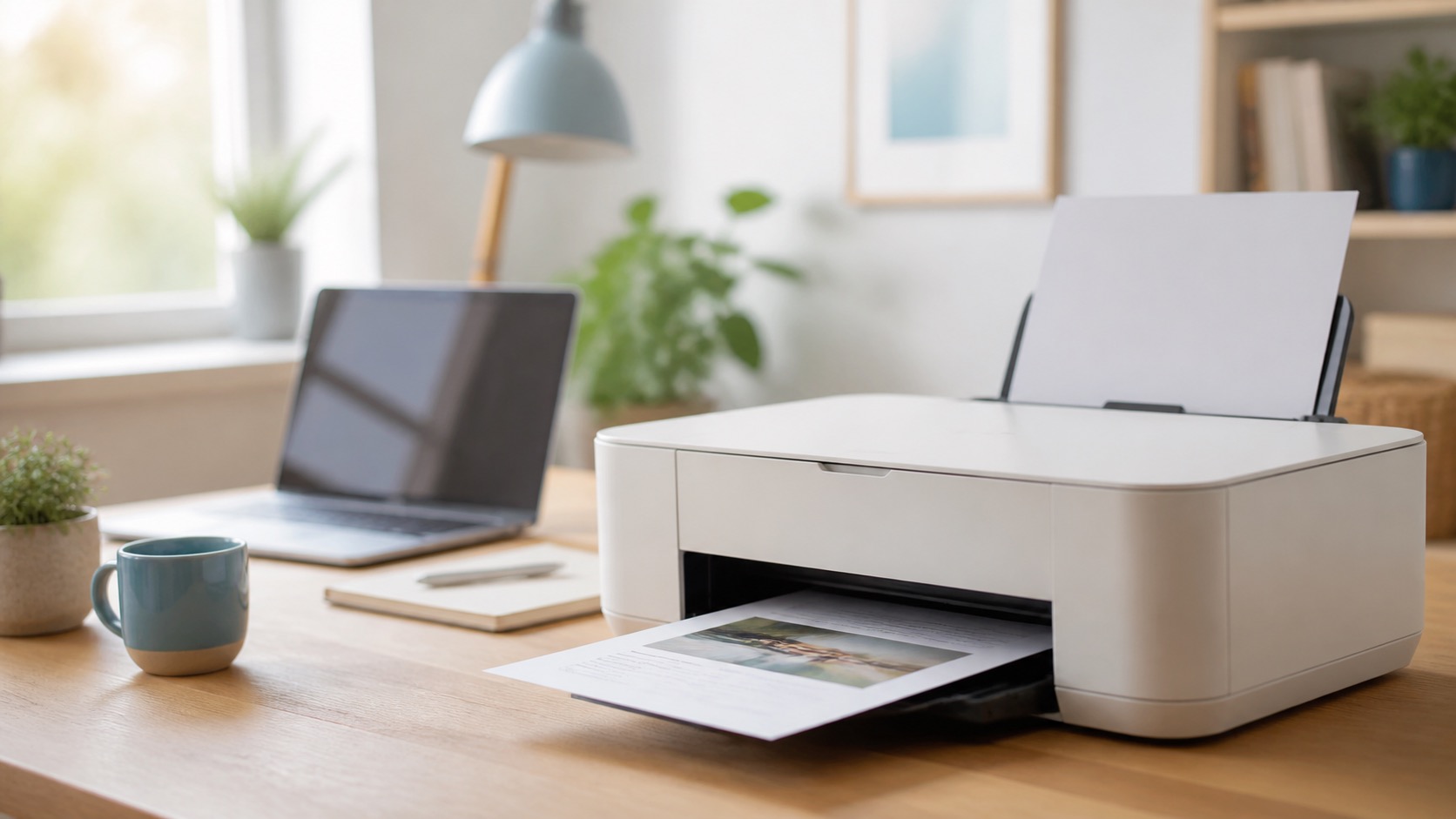 Home printer ready to print on a tidy desk