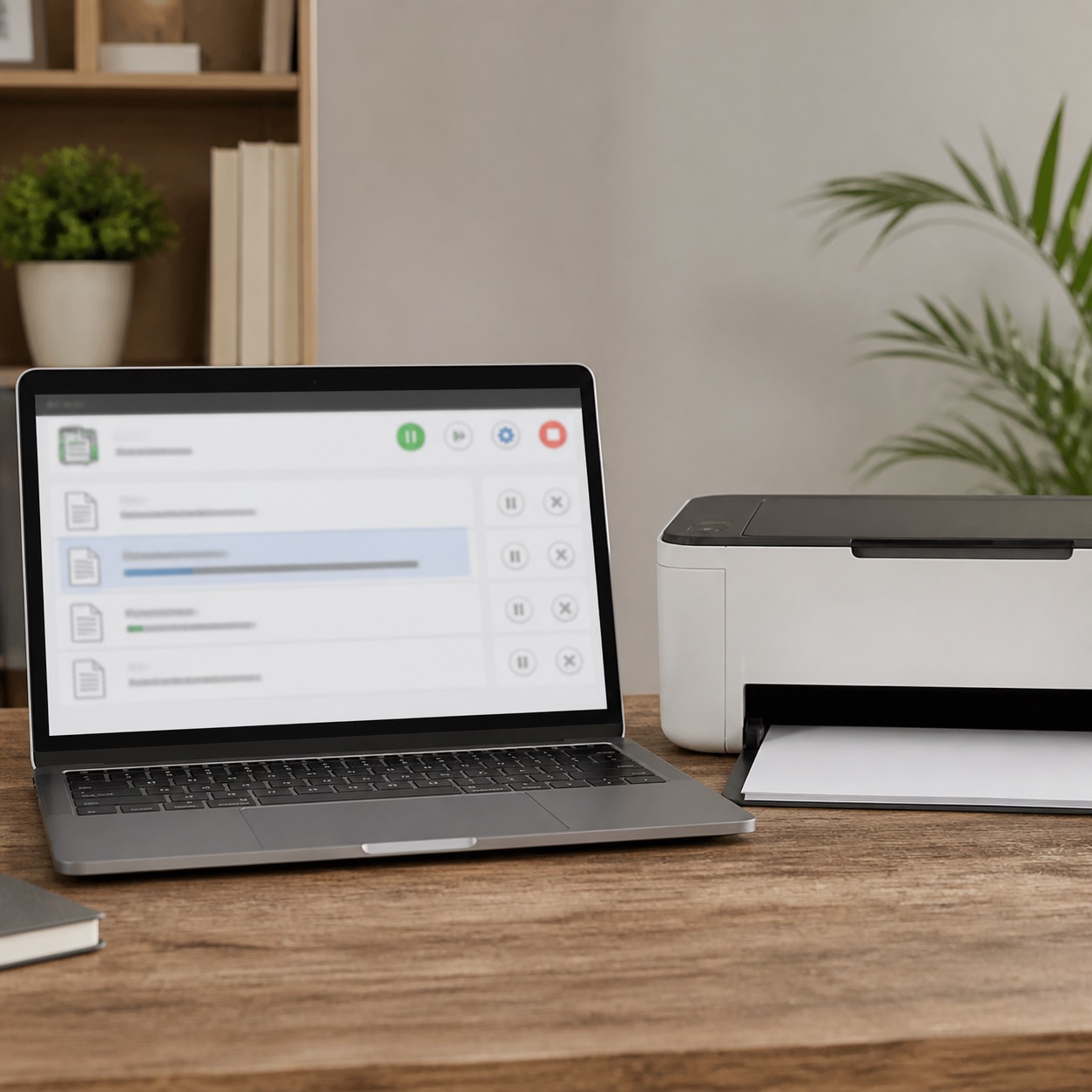 Laptop and printer showing a print queue concept