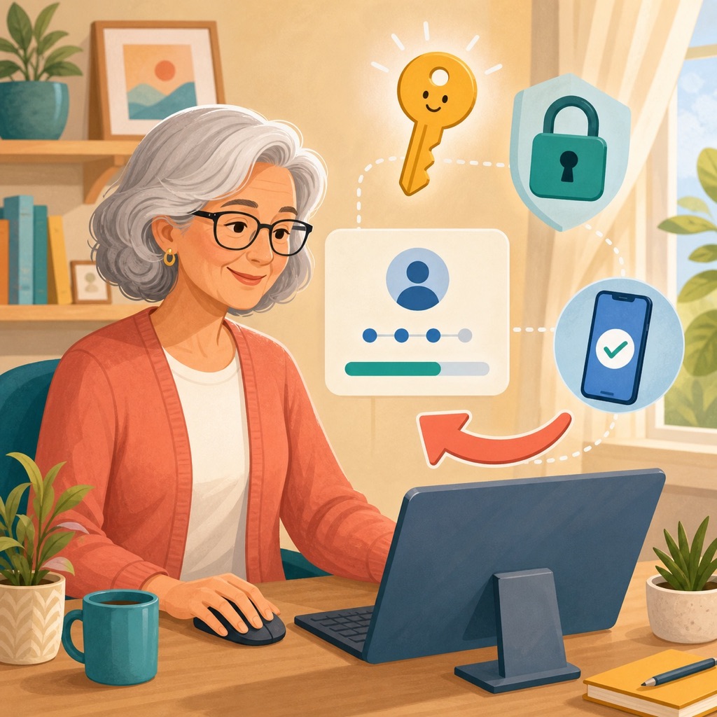 An older adult safely resetting an account password with recovery and verification symbols