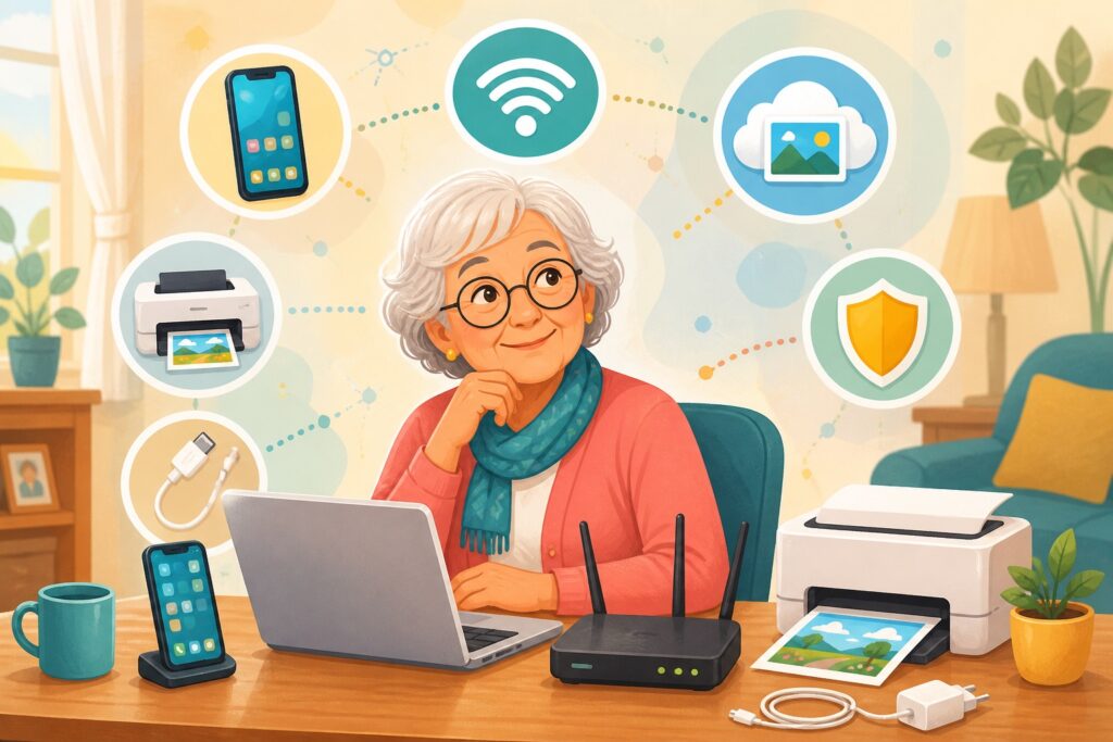 An older adult surrounded by a laptop, phone, Wi-Fi router, printer, cloud photos, charging cable, and security shield