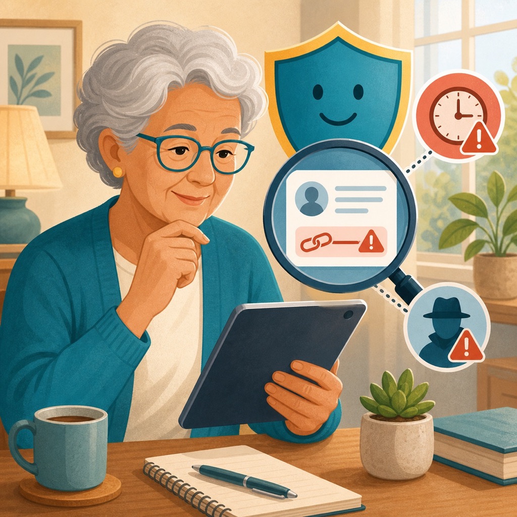 An older adult calmly checking a suspicious message for scam warning signs