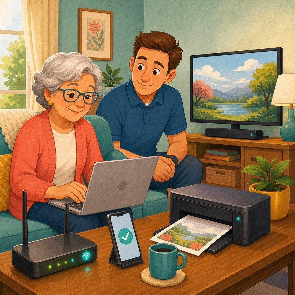 An older adult and technology specialist testing a laptop, printer, phone, Wi-Fi router, and television together