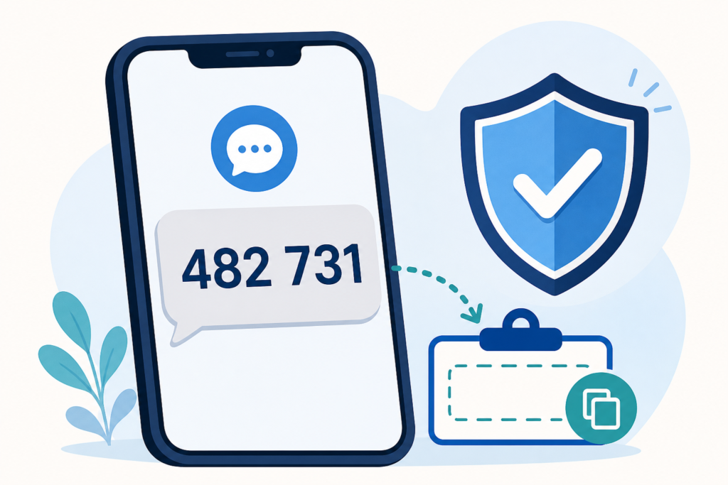 A smartphone displaying a six-digit text message verification code beside a security shield and copy symbol