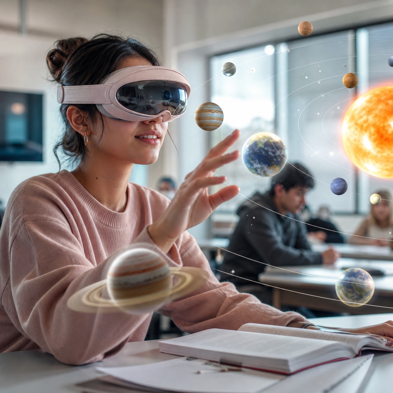 Student using a Vision Neo prediction headset for an immersive solar system lesson
