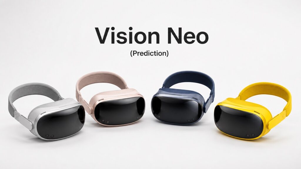 Four colorful Vision Neo prediction headsets in silver, blush, indigo, and yellow