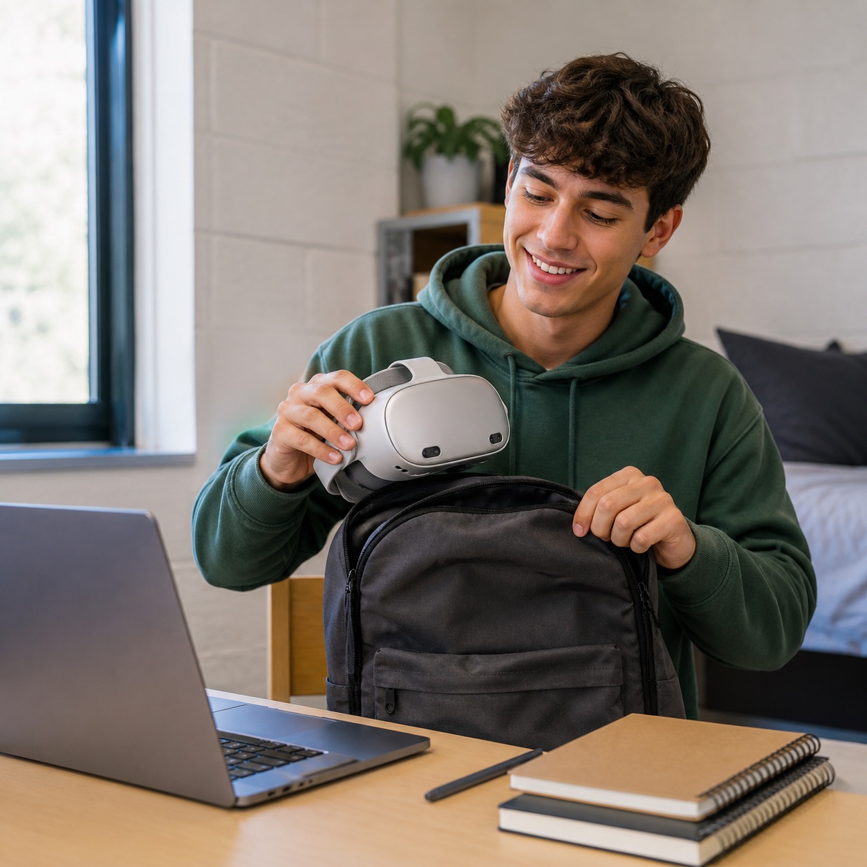 Student packing a lightweight Vision Neo prediction headset for school