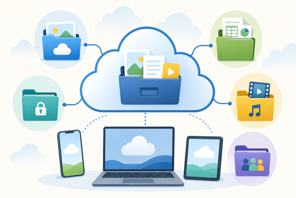 A central cloud connected to folders for photos, documents, music, security, and sharing across a phone, laptop, and tablet