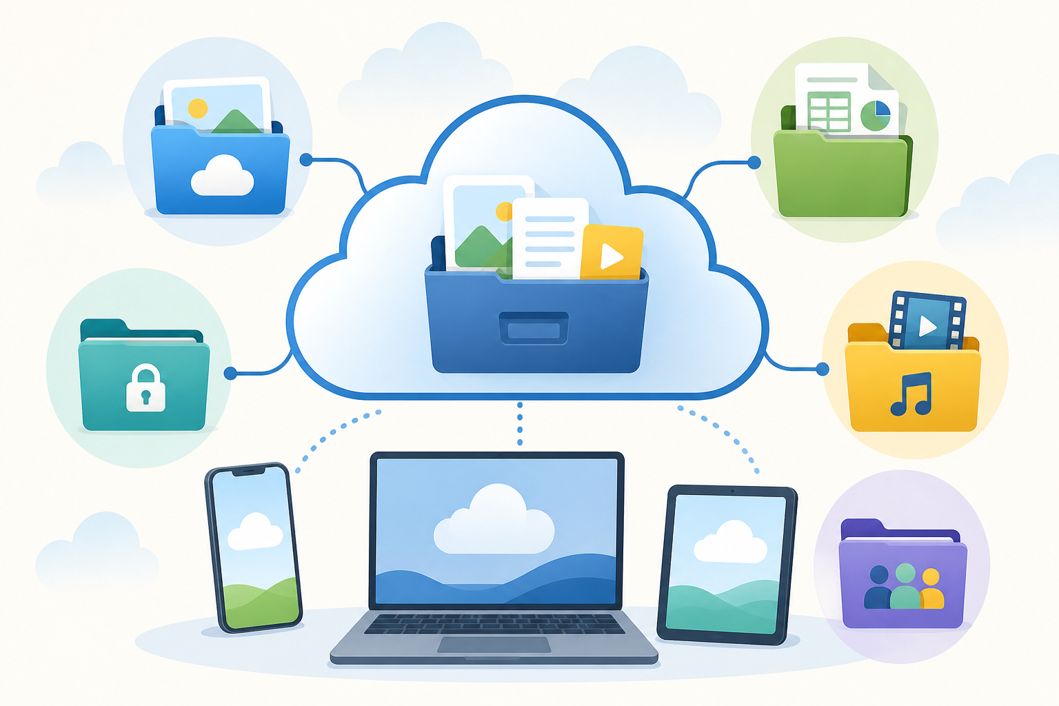 A central cloud connected to folders for photos, documents, music, security, and sharing across a phone, laptop, and tablet