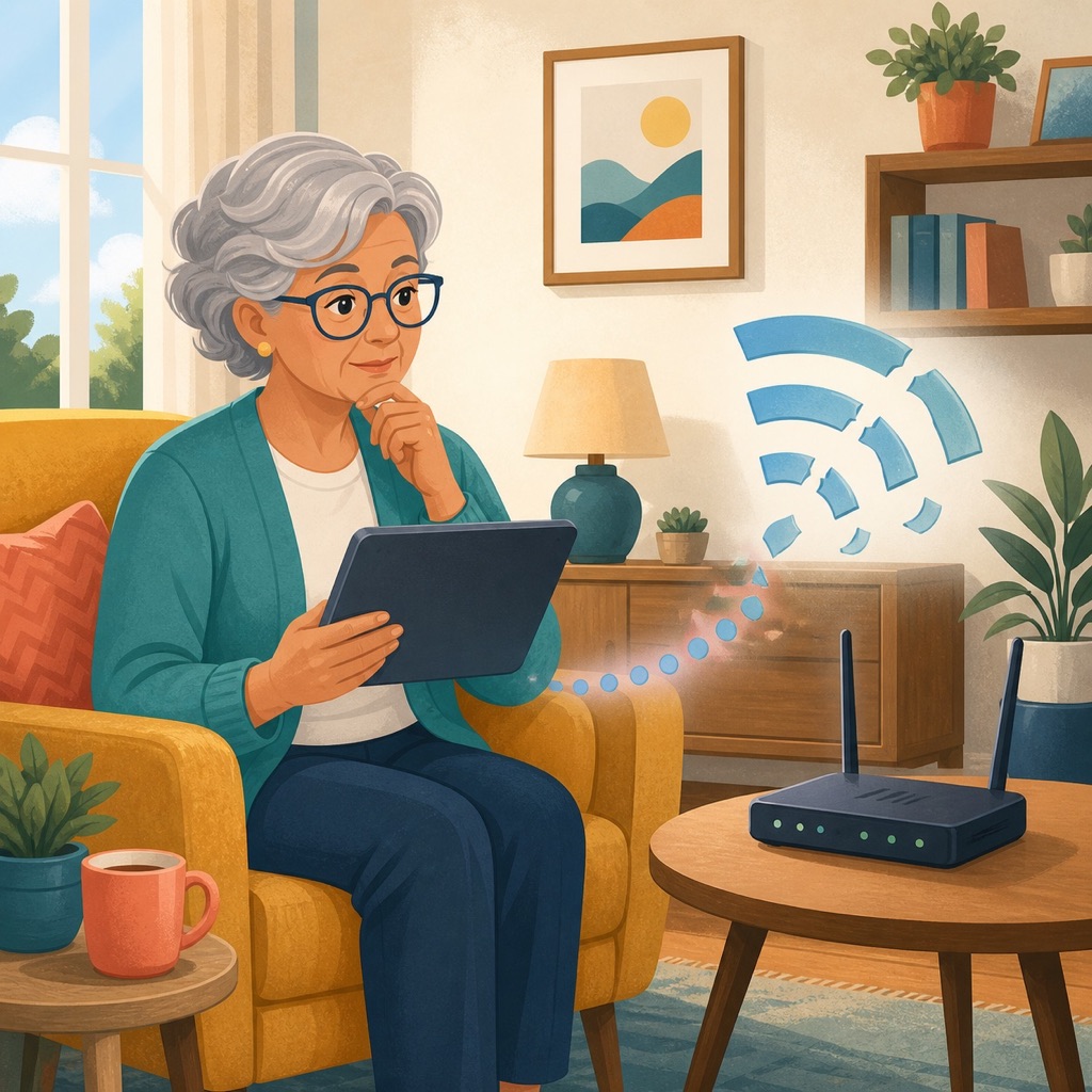 An older adult troubleshooting a broken Wi-Fi connection between a tablet and home router