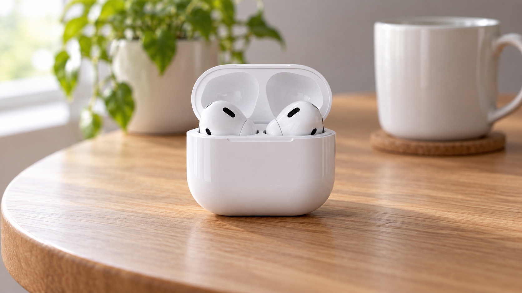A clean pair of generic wireless earbuds in a charging case on a home table.