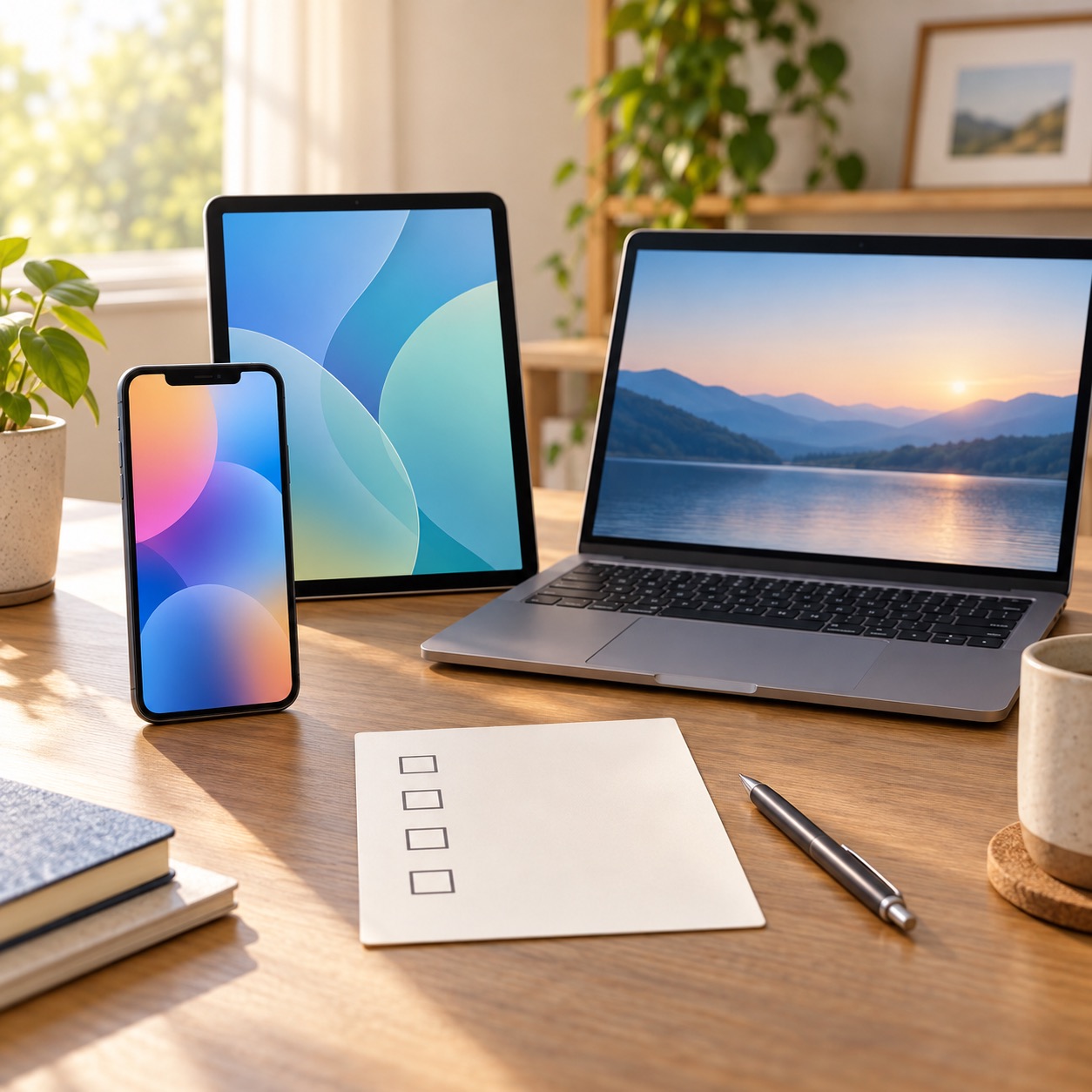 A clean desk checklist beside a generic device, representing questions to ask before enrolling.