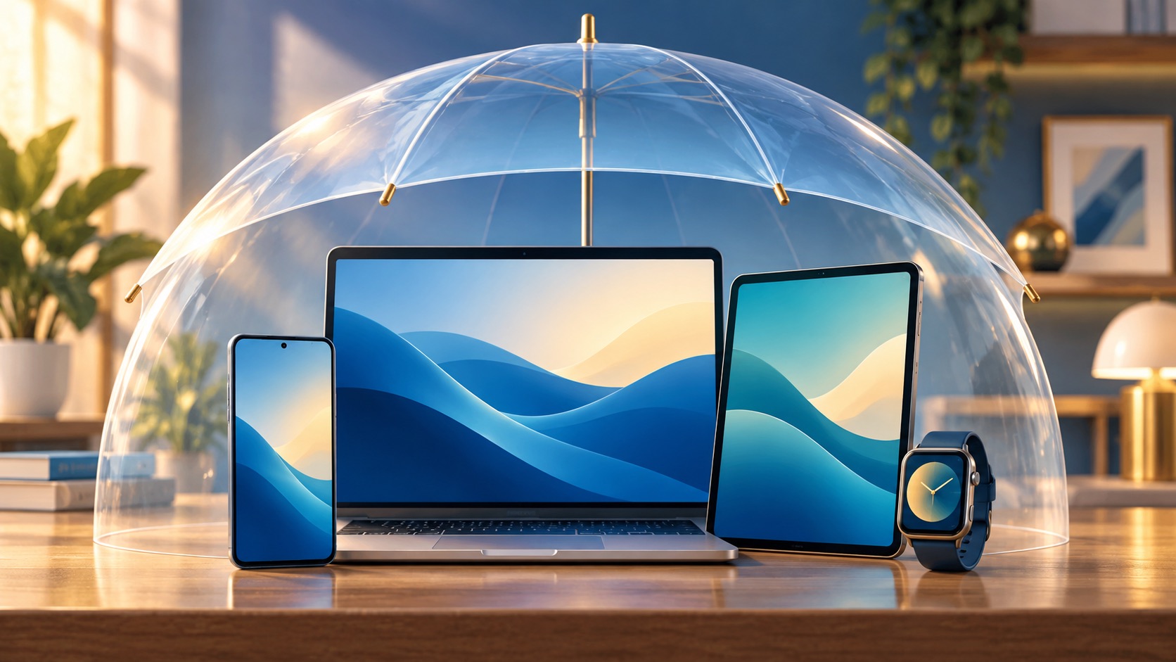 A group of generic personal devices beneath a protective umbrella, representing shared coverage.